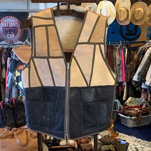 Vintage Handmade Two-Tone Lather and Suede Shearling Vest